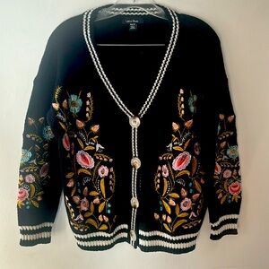 Anthropologie Black Floral Embroidered Cardigan